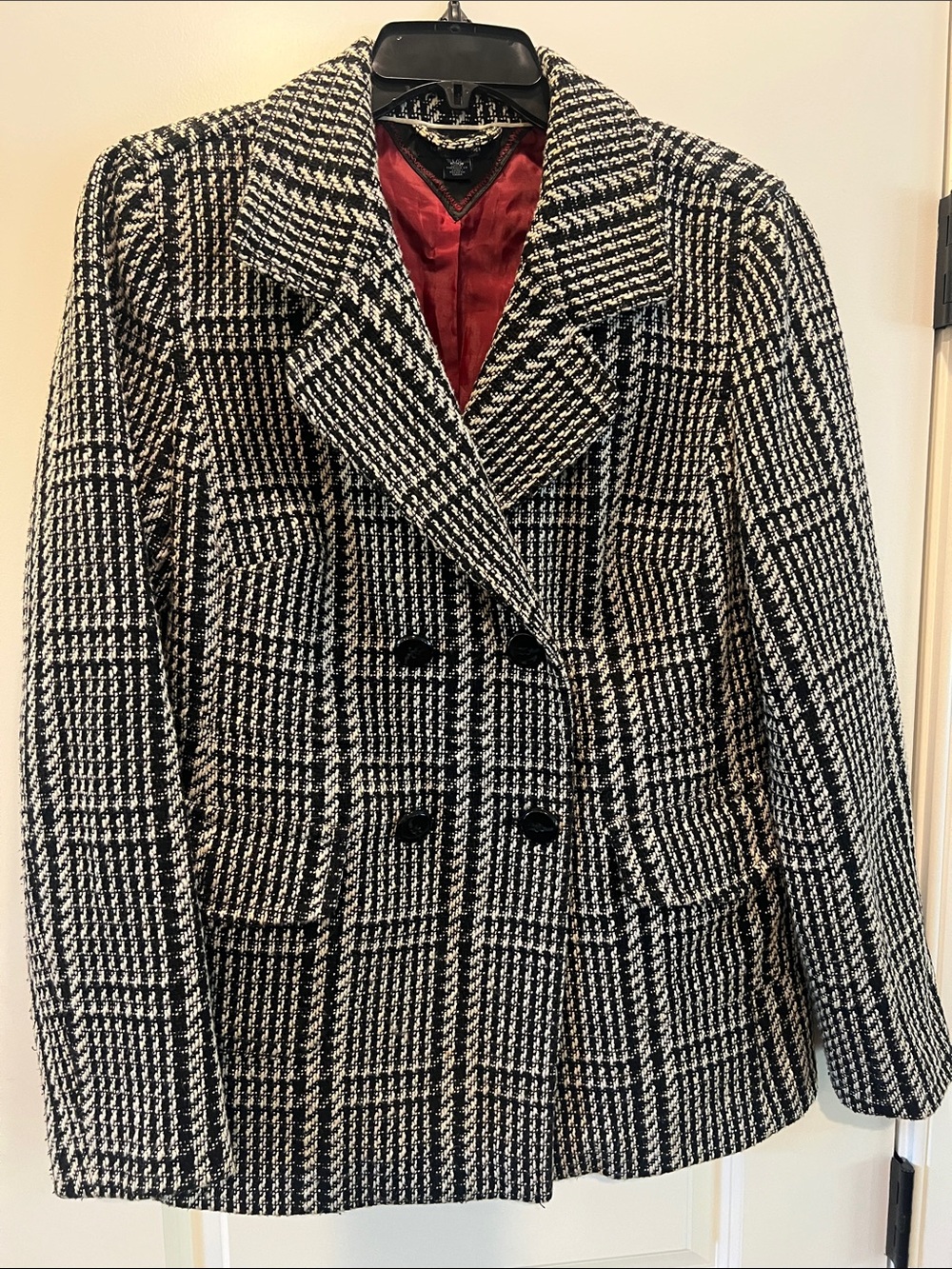 Tommy Hilfiger Black & White Houndstooth Double-Breasted Blazer with Red Lining